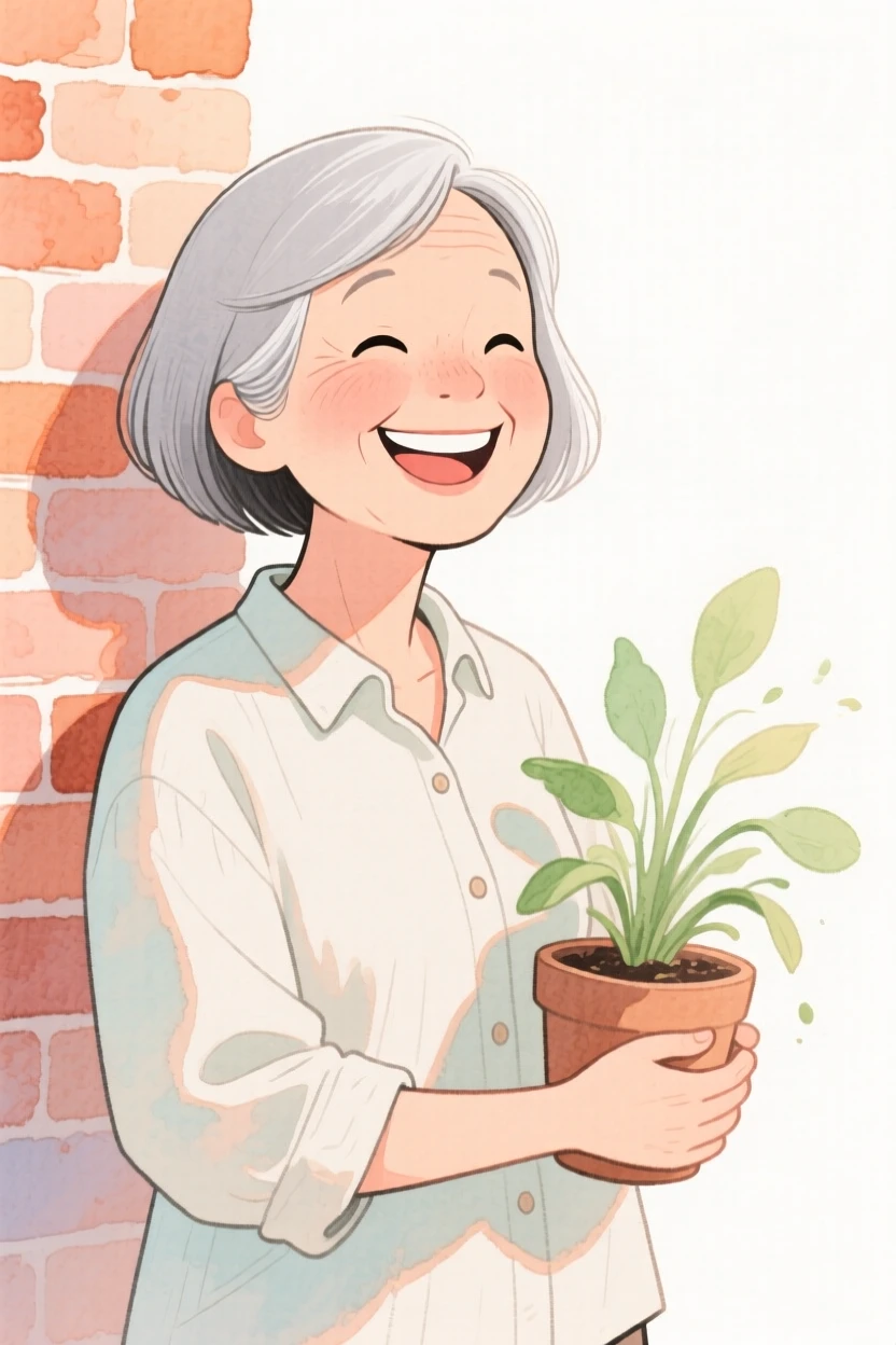 A middle-aged woman with a sleek silver bob, beaming with joy, wearing a linen button-down shirt and clutching a favorite houseplant, against a sun-drenched brick wall