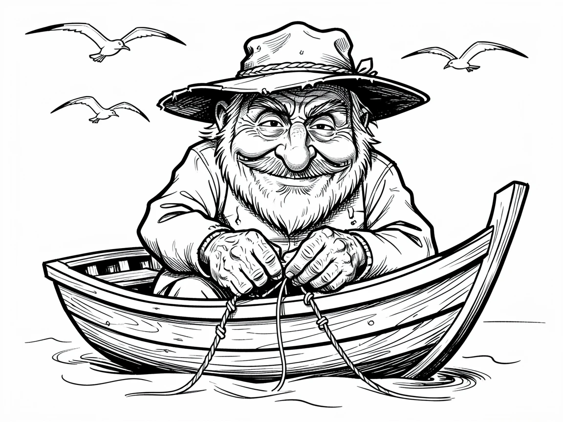 [People Portraits & Characters] Portrait of a wise old fisherman mending a net beside a small wooden boat, full of personality and charm