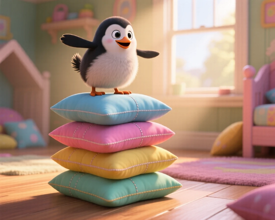 A penguin chick is balancing on a stack of pillows, wagging its tail happily. Playful joy radiates from the small creature, with a faint smile-like expression.