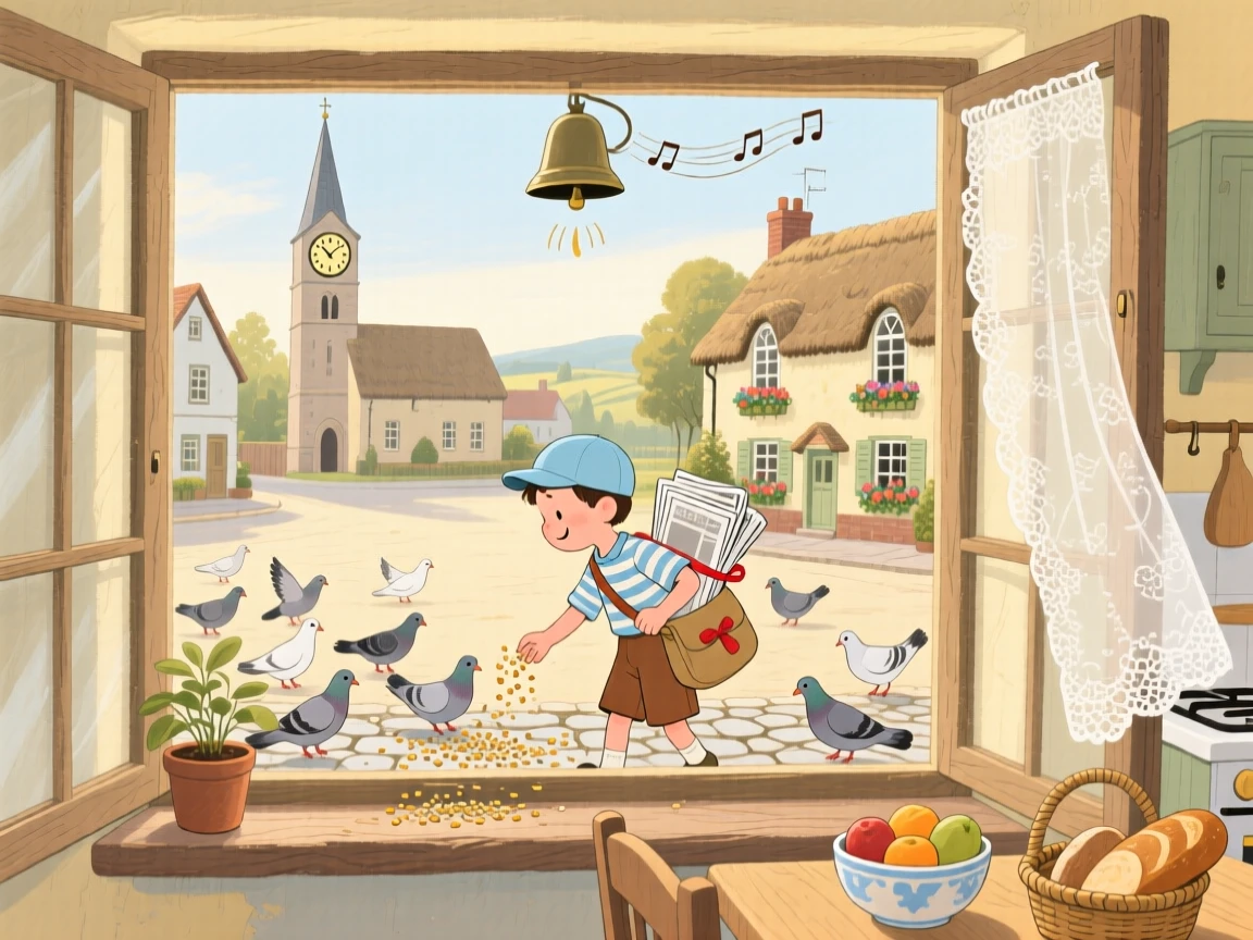 In a countryside farmhouse kitchen, a paperboy on his morning route is busy feeding pigeons in a quiet square, as the church bell rings in the distance.
