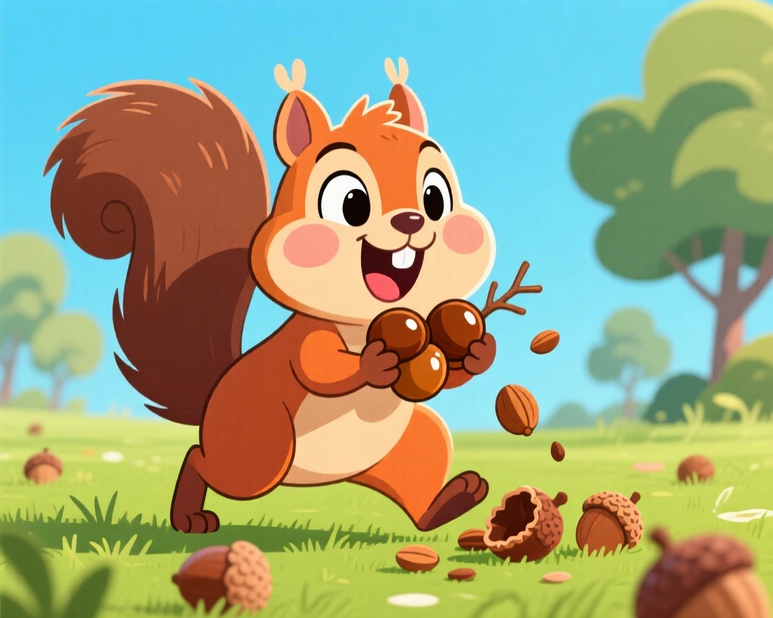 A squirrel gathering acorns and tucking them into its cheeks.