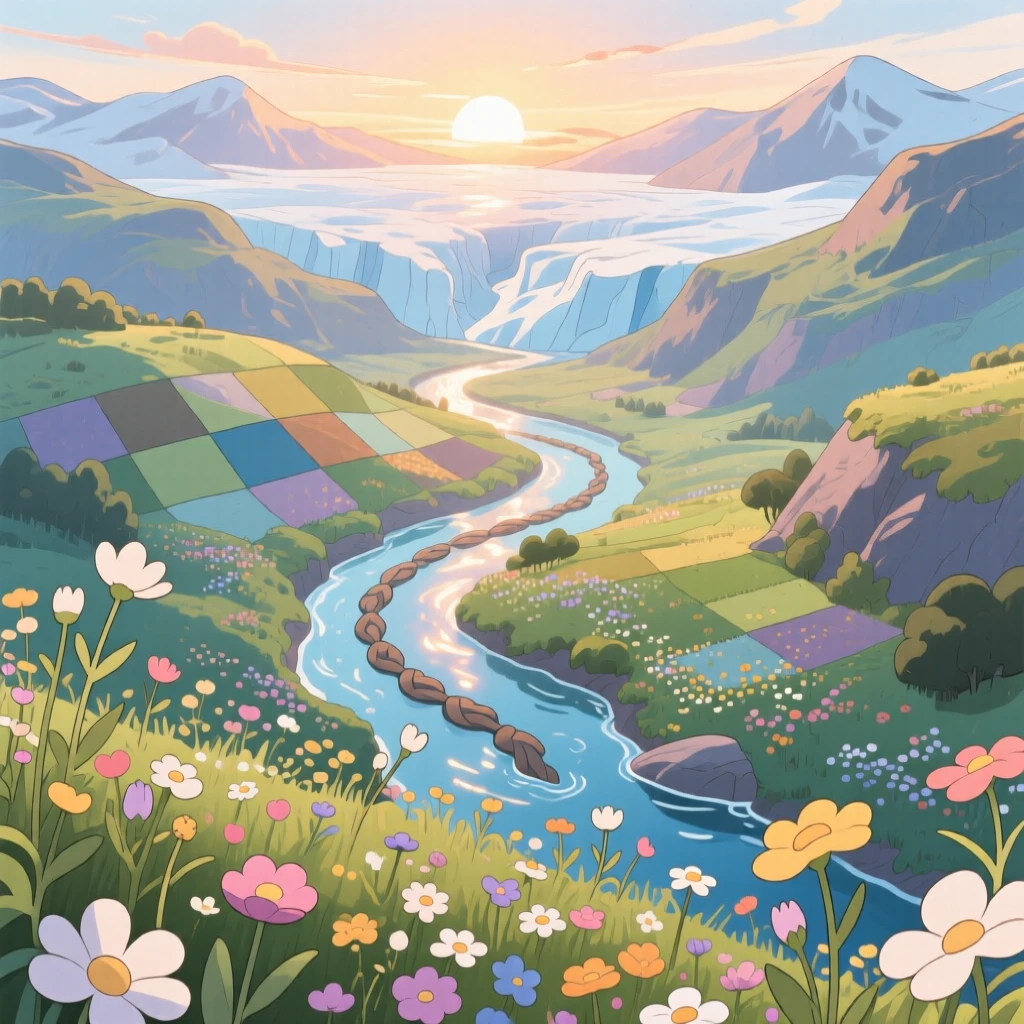 A quiet at sunrise view of a glacier valley with braided rivers, wildflowers swaying gently in the breeze, shown from directly above like a patchwork quilt.