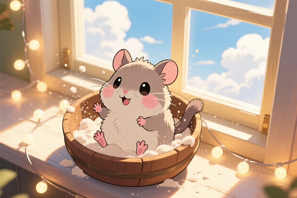 Bird's-eye view: a fluffy chinchilla, taking a dust bath in a wooden bowl, set against a warm sunlit windowsill beneath fluffy drifting clouds, with glowing string lights and a mood of warm affection.