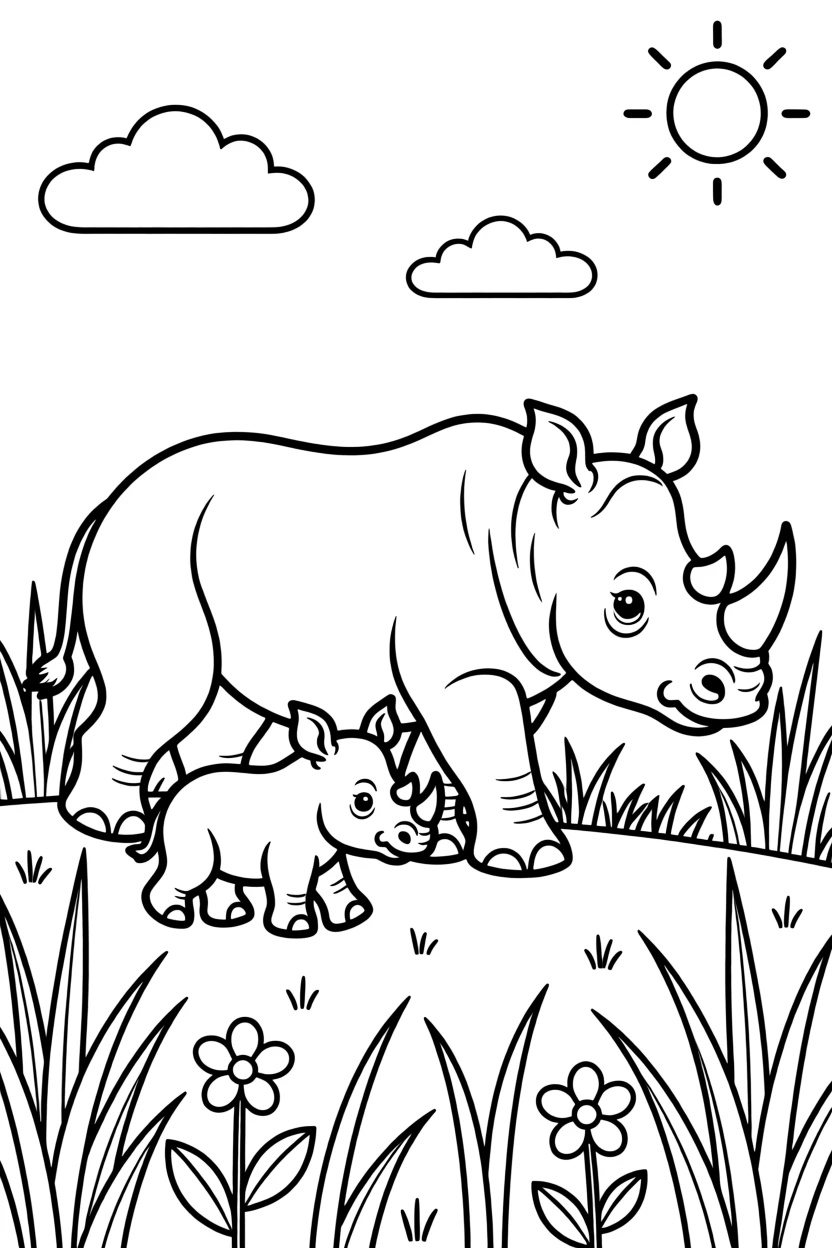 A baby rhino following its mother through tall grass
