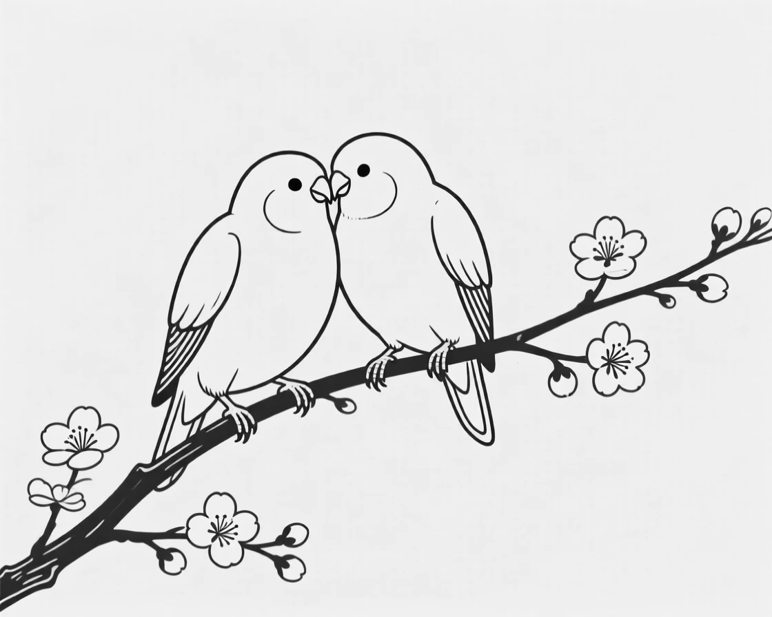 A pair of lovebirds perched together on a blossoming branch