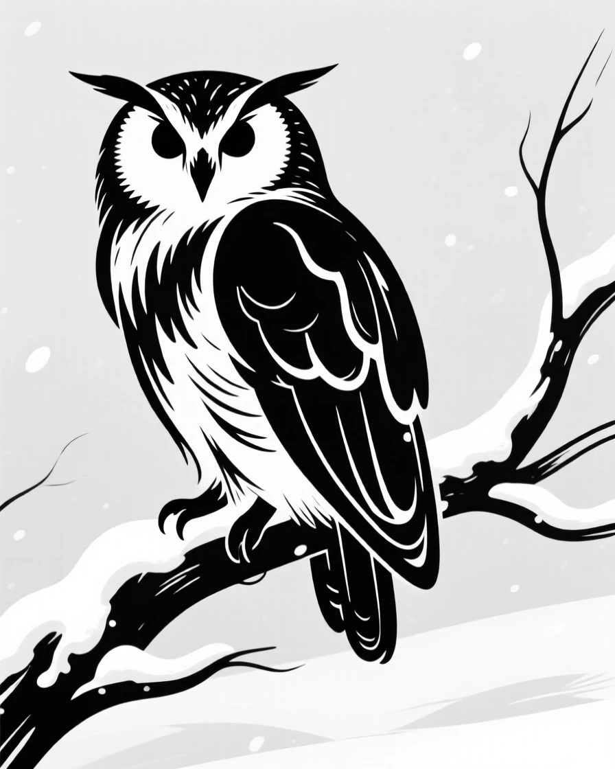 An owl perched on a snow-covered branch, feathers fluffed against the cold.