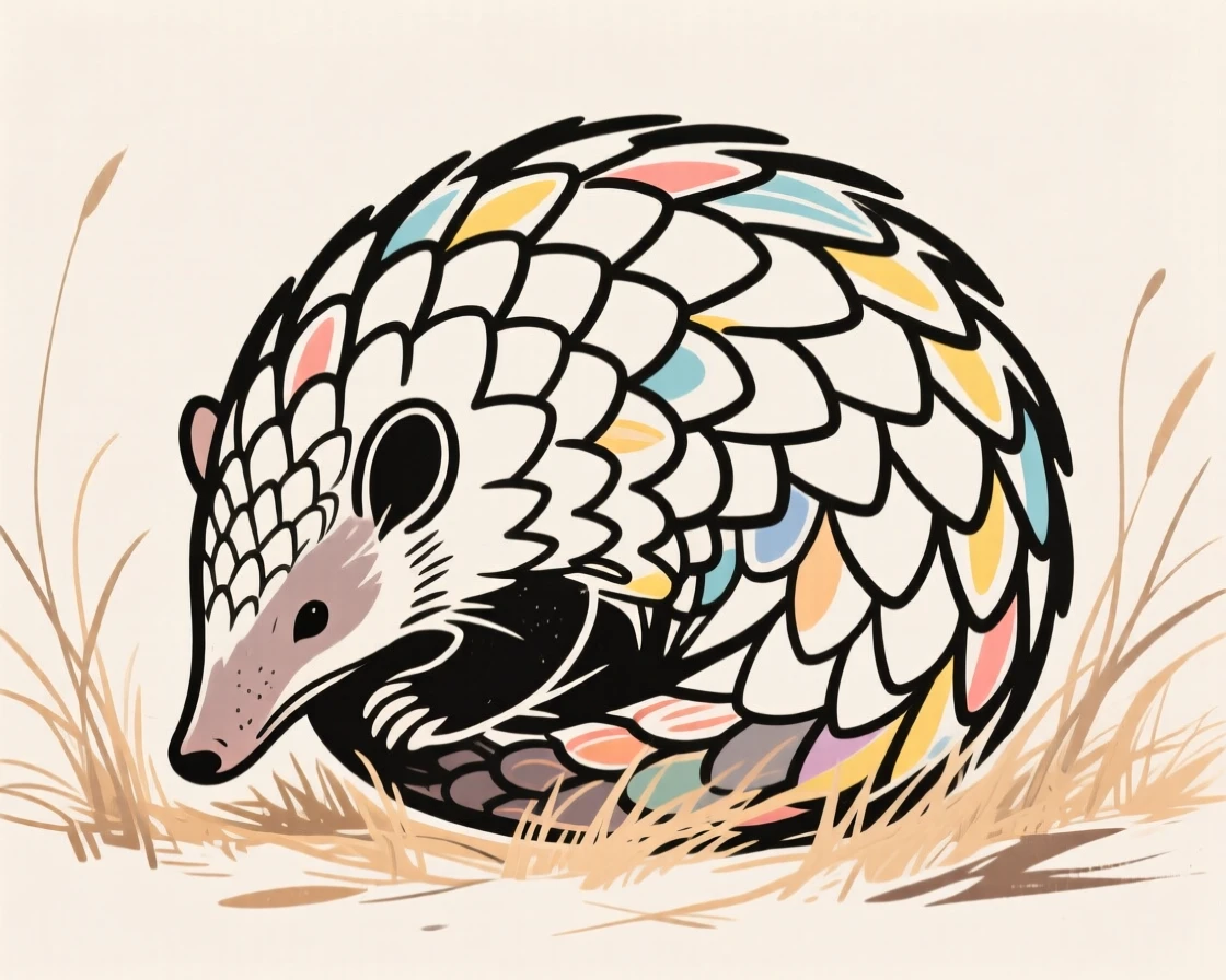 A pangolin curled up defensively in a patch of dry grass.