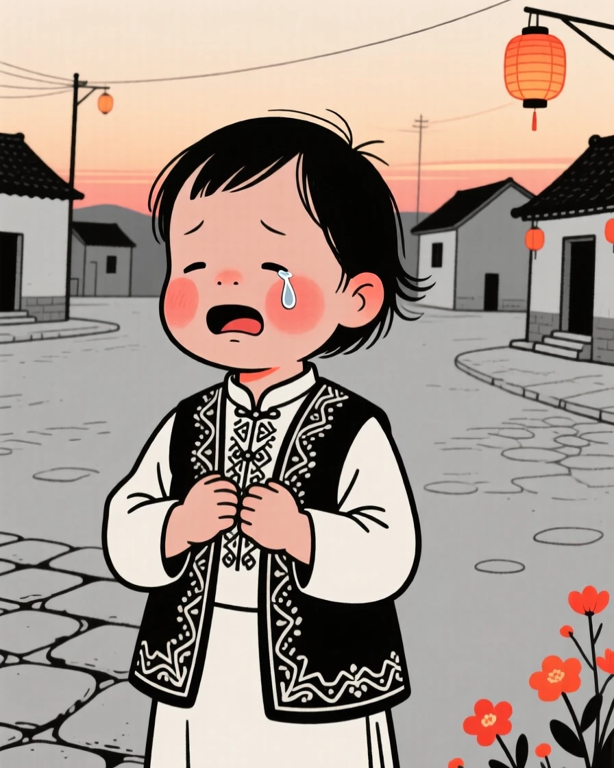 A toddler of Vietnamese heritage wearing a Turkish embroidered vest, holding back happy tears, on a village square at dusk.