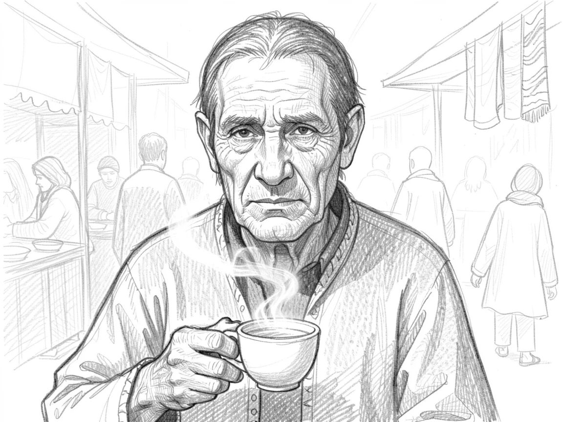 Intimate close-up of a wrinkled desert nomad in a bustling market square, holding a steaming cup of tea.