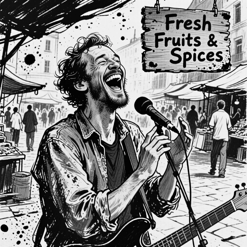 A street musician caught mid-laugh at a shared joke, in a bustling market square.