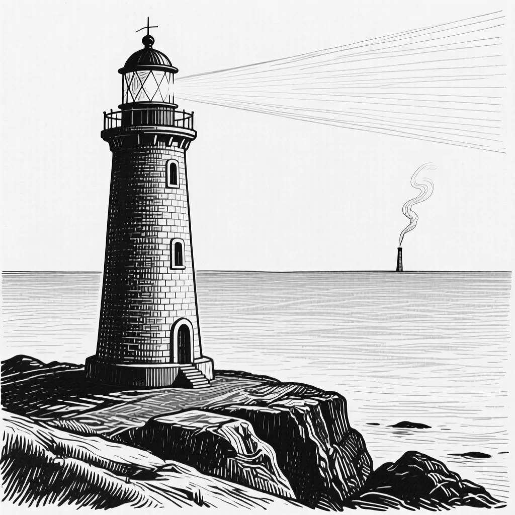 A solitary lighthouse at the edge of an endless horizon, with a thin trail of smoke from a distant chimney, evoking a calm and meditative atmosphere in a wide, balanced composition.