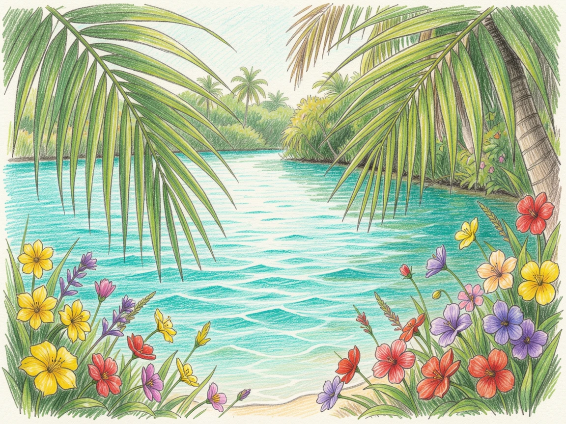 A tropical lagoon with turquoise water and overhanging palm fronds, surrounded by wildflowers swaying gently in the wind, meant to inspire a longing for travel and adventure.