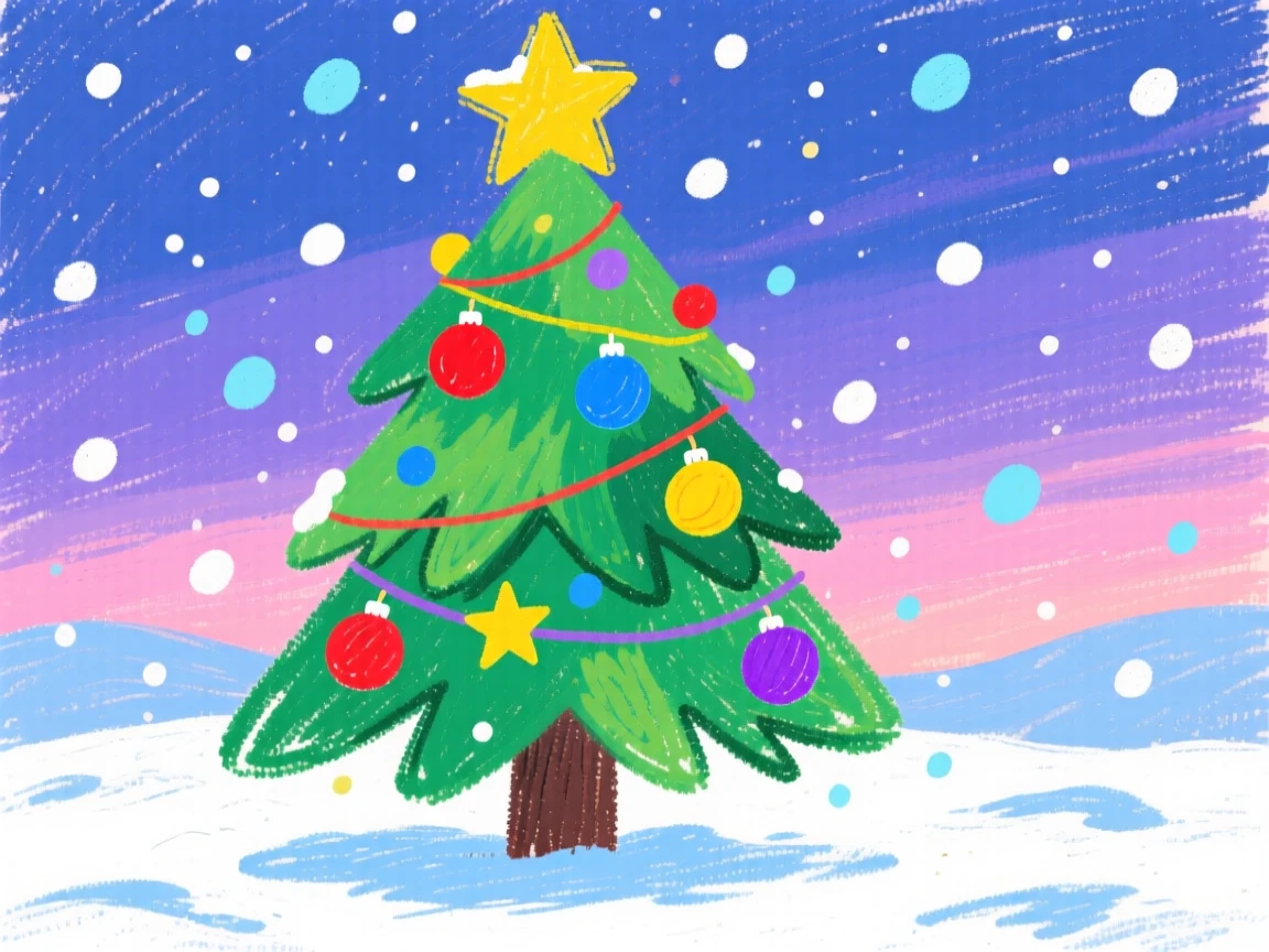A decorated Christmas tree surrounded by falling snow at dusk.