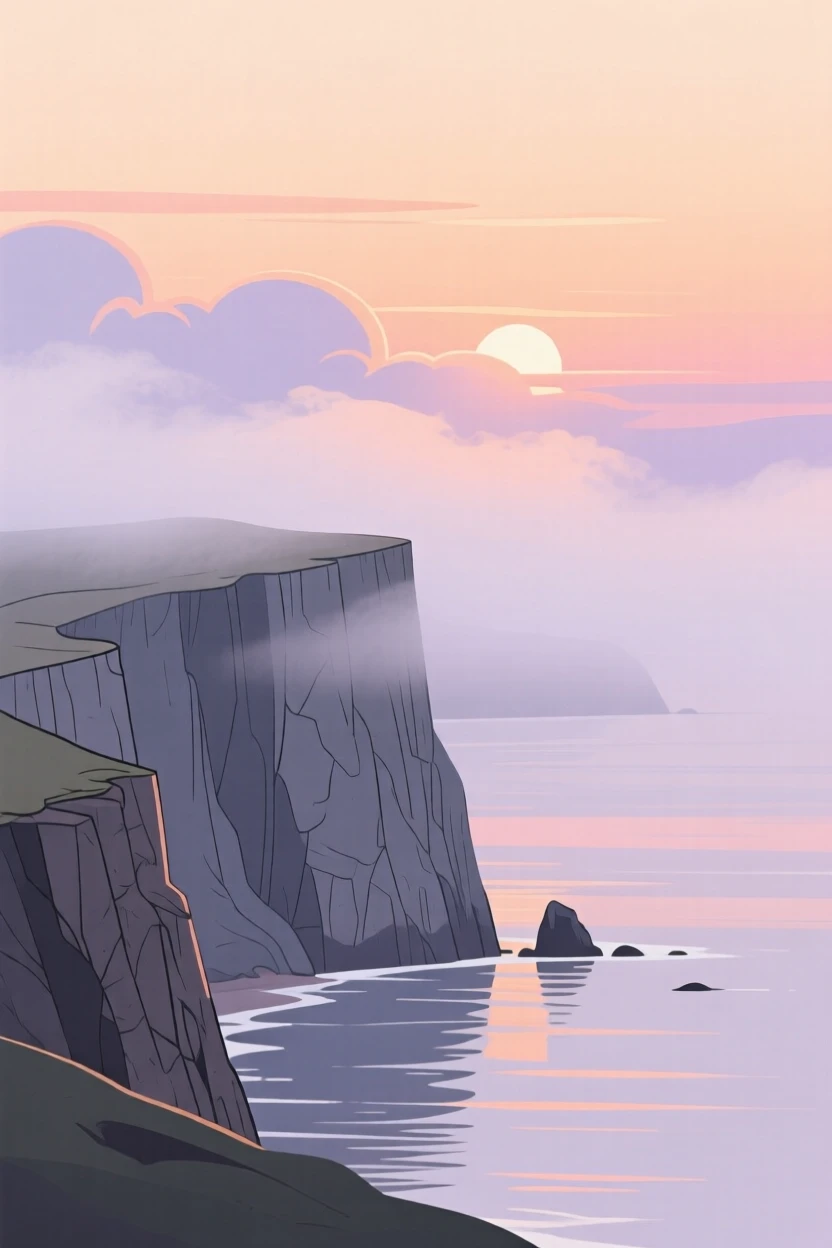 A misty coastal cliff at sunrise with soft light filtering through the low clouds.