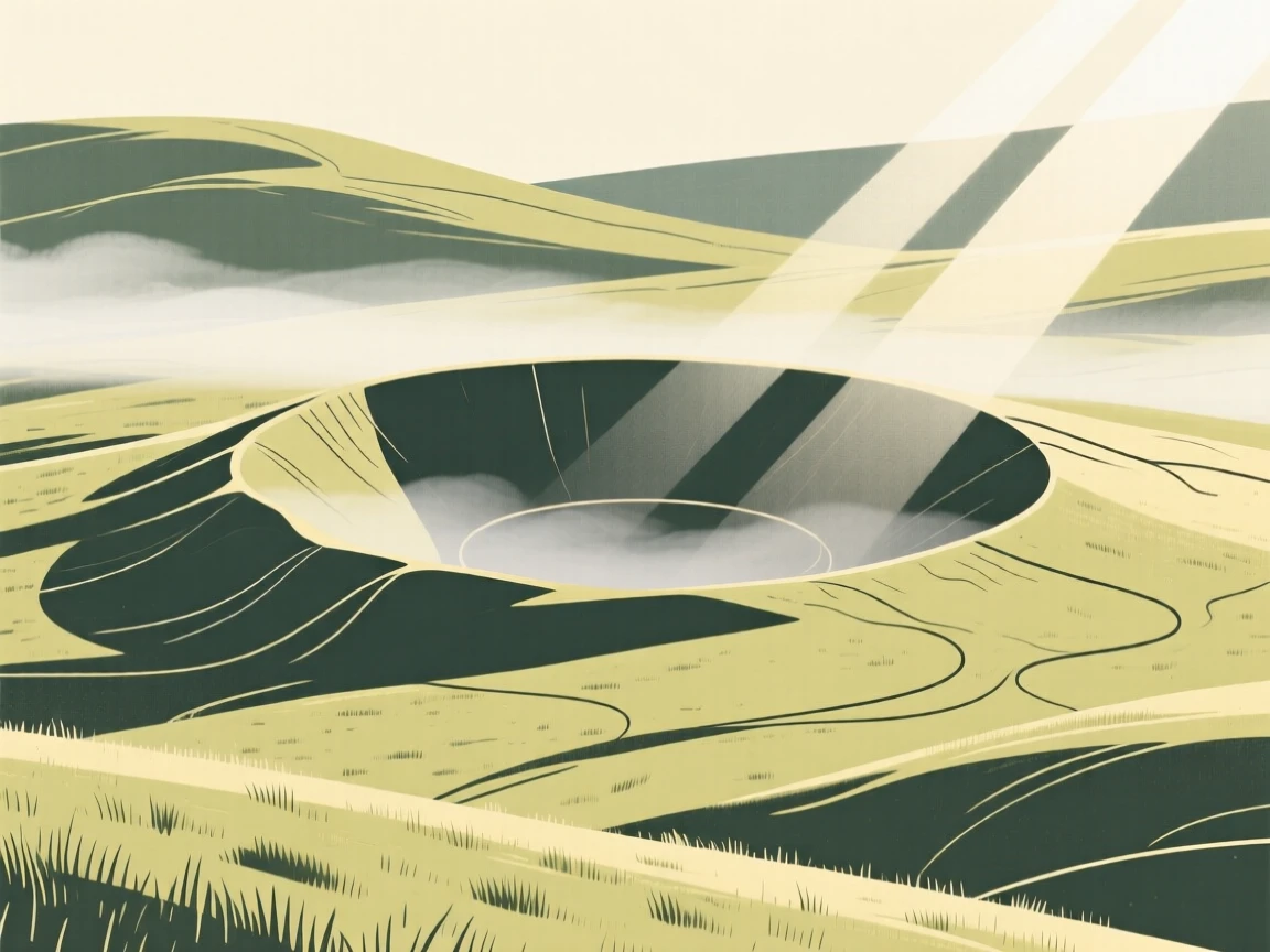 Sunlight falling across a highland moor as a volcanic crater moves slowly past drifting fog, evoking peaceful renewal.