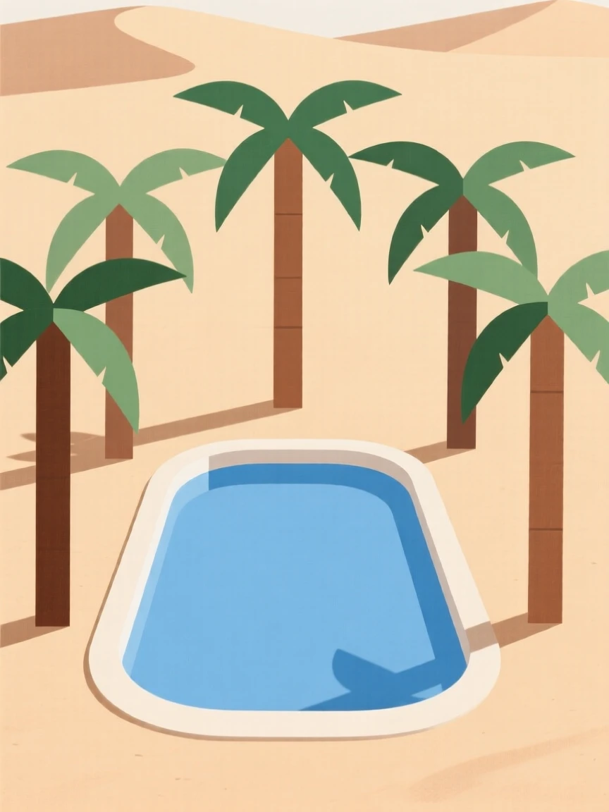 A desert oasis with palm trees around a pool of water