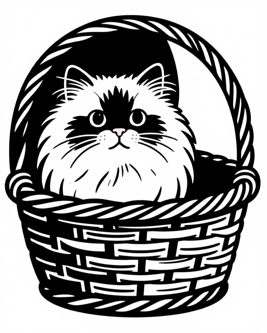 A fluffy Persian cat peeking out of a wicker basket.