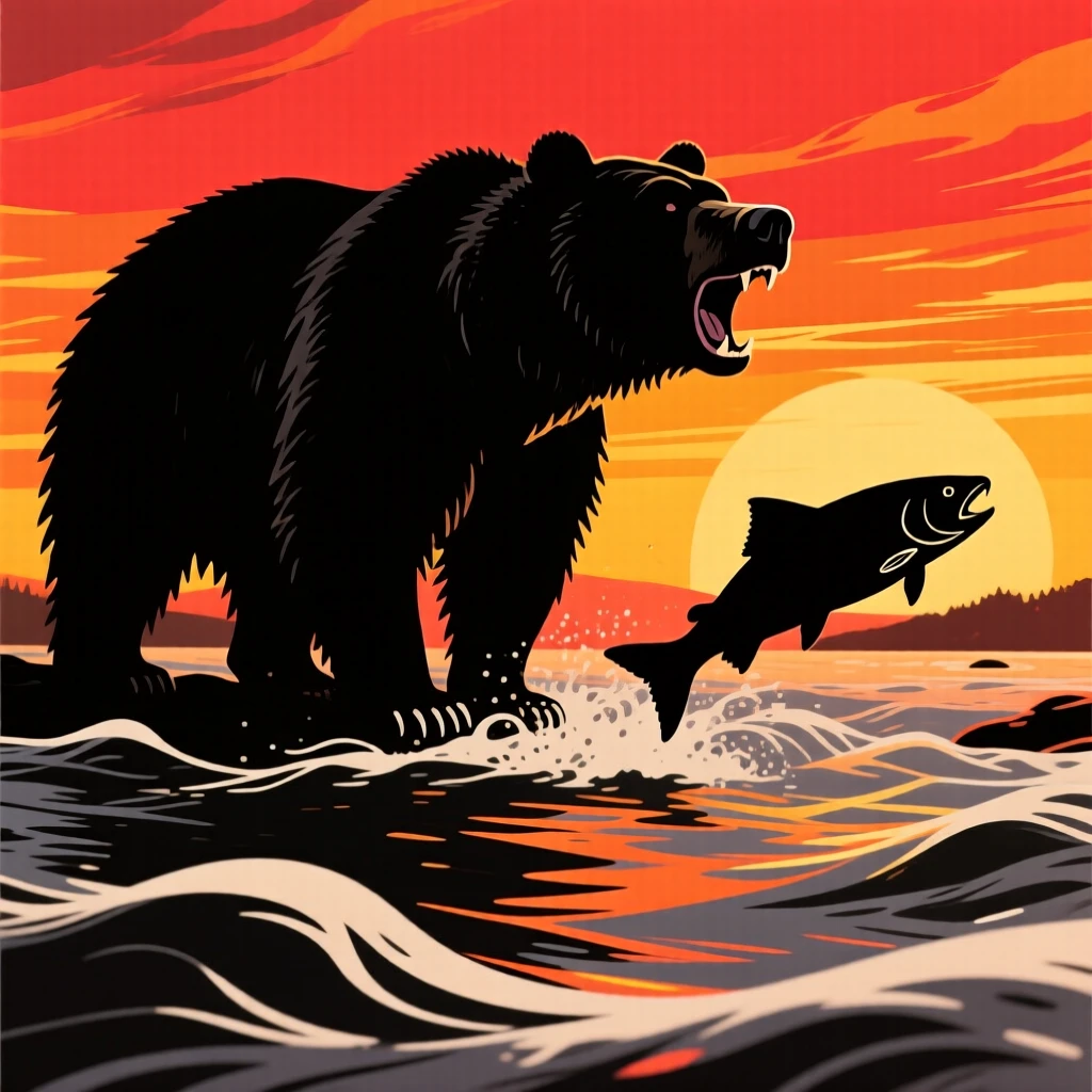 A grizzly bear standing in a rushing river, mouth open to catch a leaping salmon.