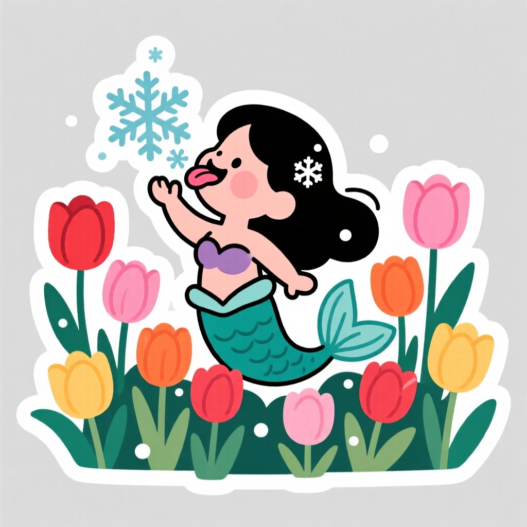 An overjoyed tiny mermaid catching snowflakes on its tongue, in a garden full of blooming tulips.