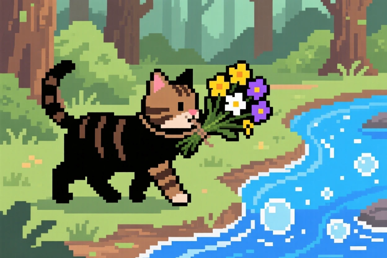 A tabby kitten carrying a bundle of wildflowers home, beside a bubbling woodland stream.