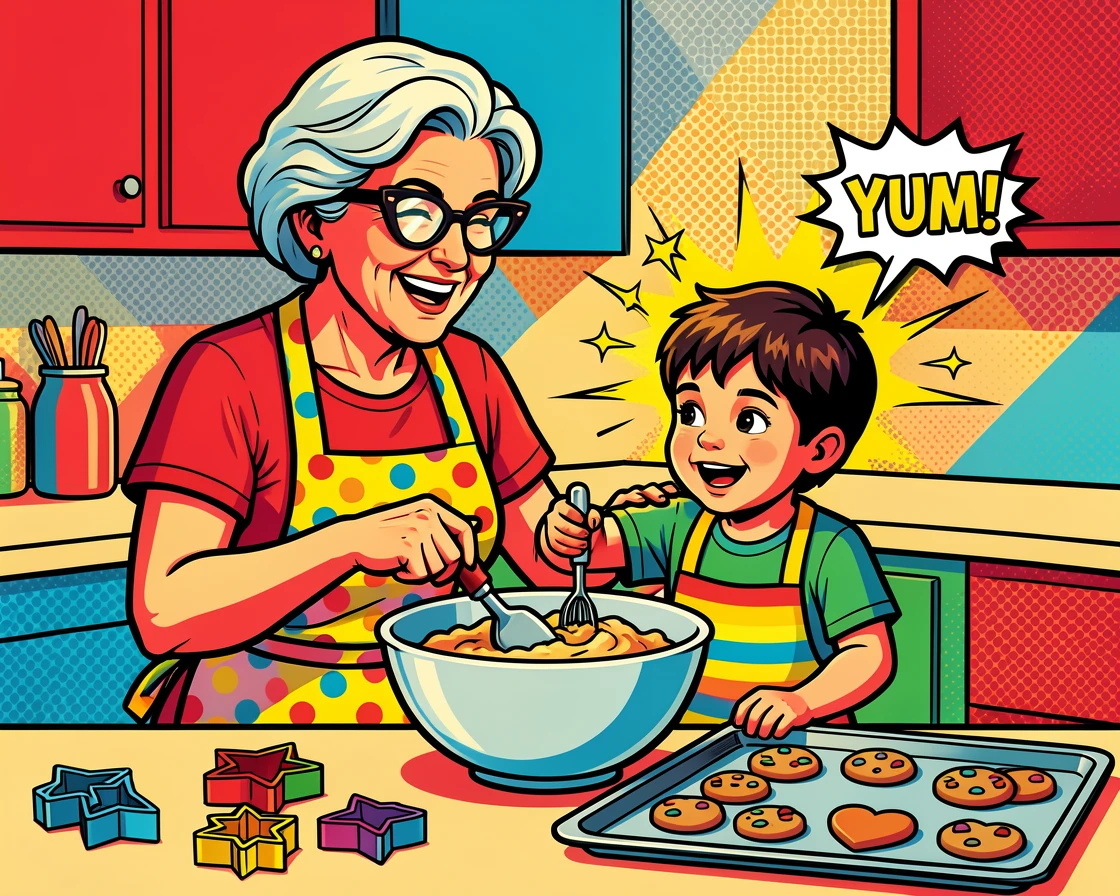 A grandmother teaching her grandchild to bake cookies