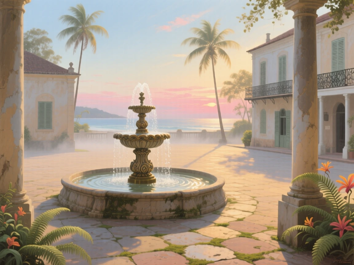 A centered composition of a sunlit piazza with a bubbling fountain at its center, on a Pacific island, in the Victorian era, in early morning light.
