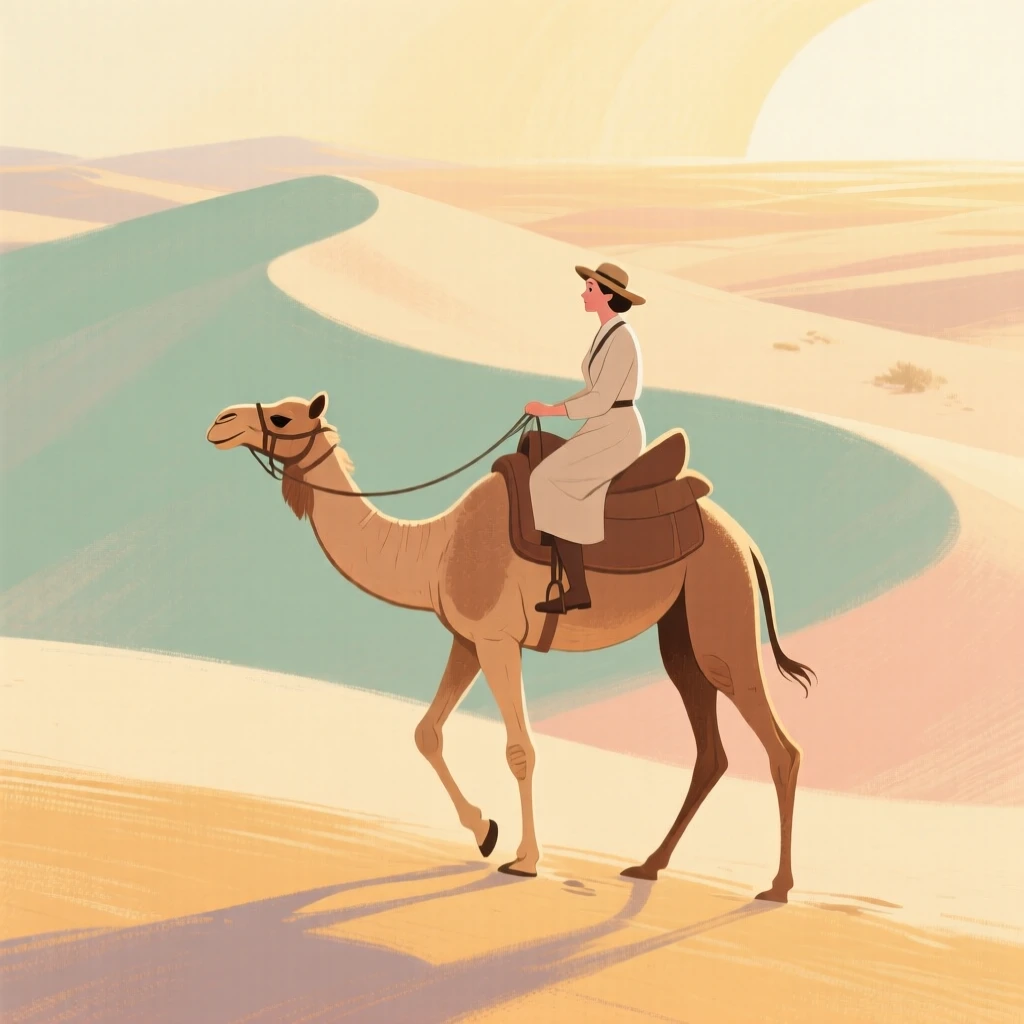 A traveler riding a camel across golden desert dunes