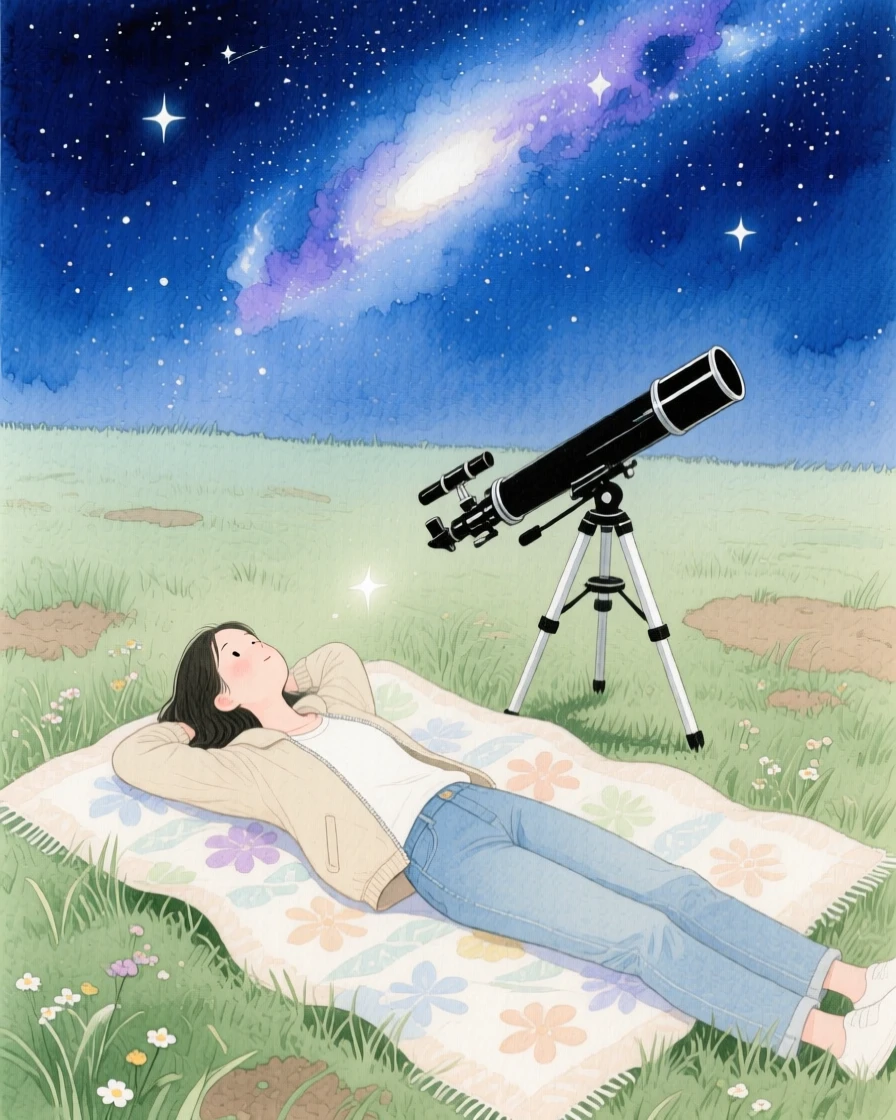 A stargazer lies on a blanket in a field, telescope beside them, gazing up at the Milky Way