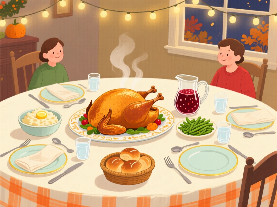 A heartwarming holiday moment: a table set for Thanksgiving dinner with a roasted turkey.