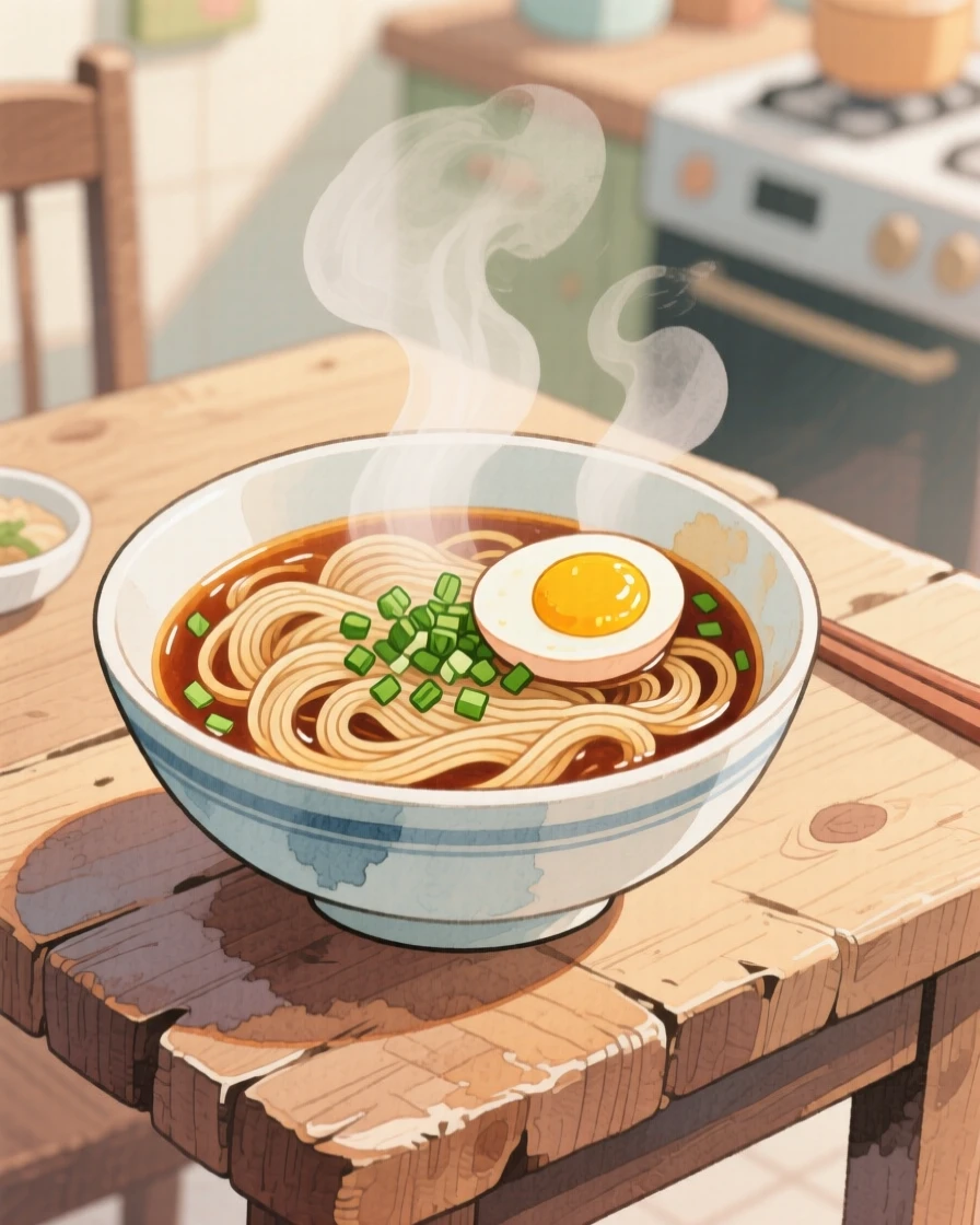 A steaming bowl of ramen garnished with soft-boiled egg and scallions on a rustic table, evoking warmth, comfort, and togetherness.