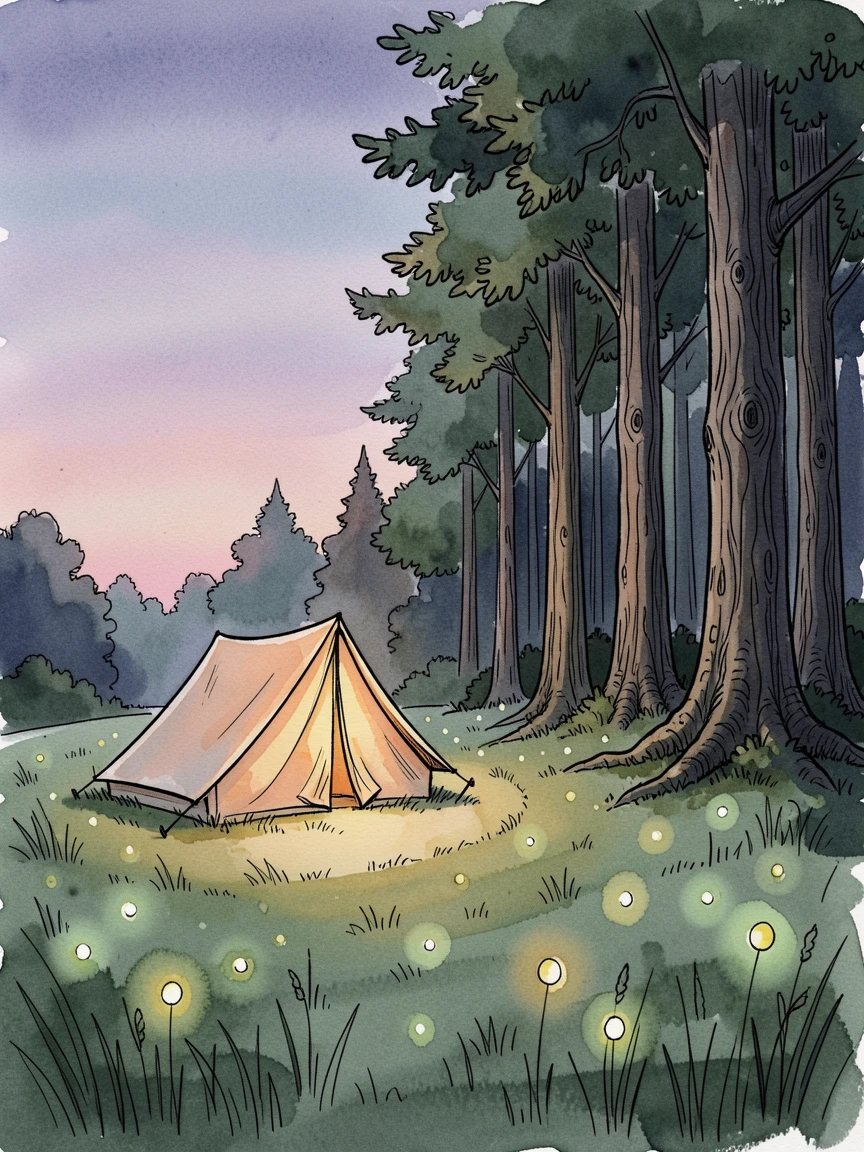 A field of fireflies glowing at dusk near the edge of a dark forest, a single tent glowing warmly nearby
