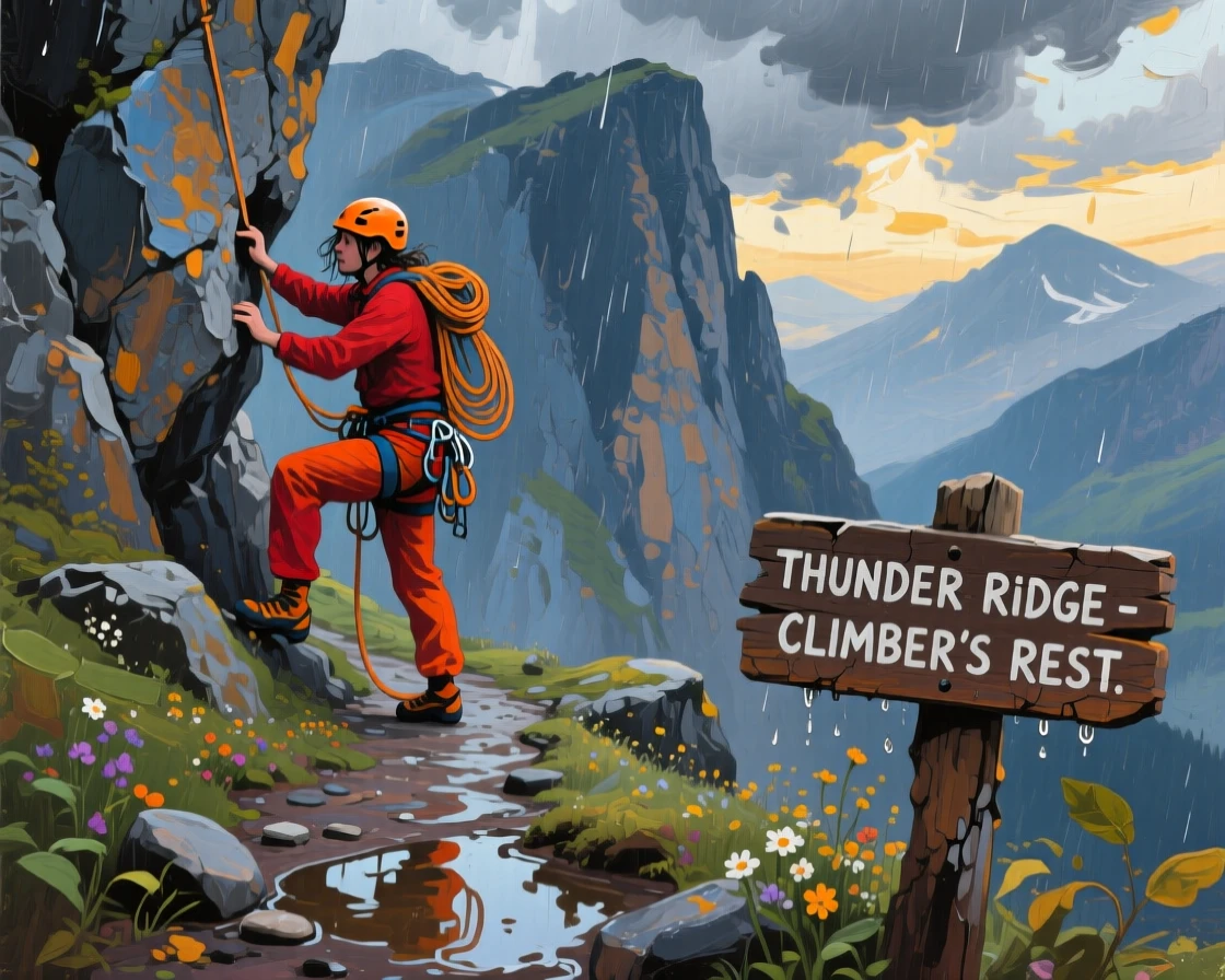 a climber pausing below an immense cliff, just after a summer storm, composed along a natural leading line.