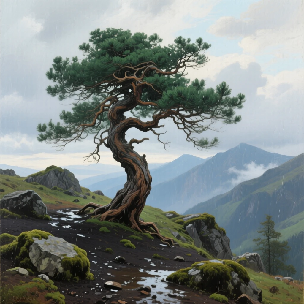 An ancient wind-bent pine standing alone on a mountain ridge, with rich, saturated colors deepened by recent rainfall, offering a moment of stillness amid overwhelming natural beauty