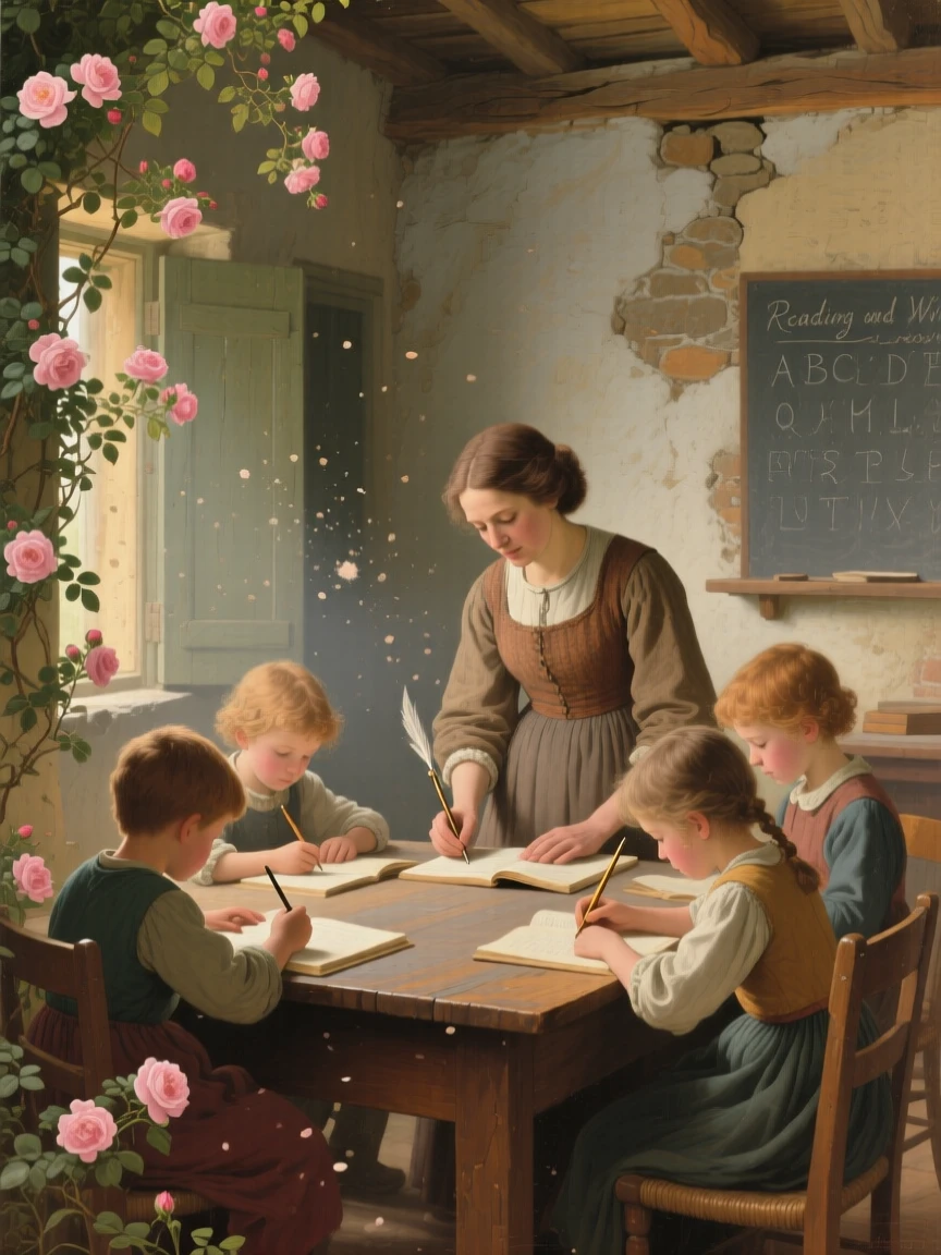 A schoolteacher patiently guiding a small classroom of children in a scene both modest and deeply human, set beside a rustic cottage framed by climbing roses, with soft morning light catching dust and flour in the air; a tight, intimate framing draws focus to hands and faces at work, capturing the timeless rhythm of rural and village life.