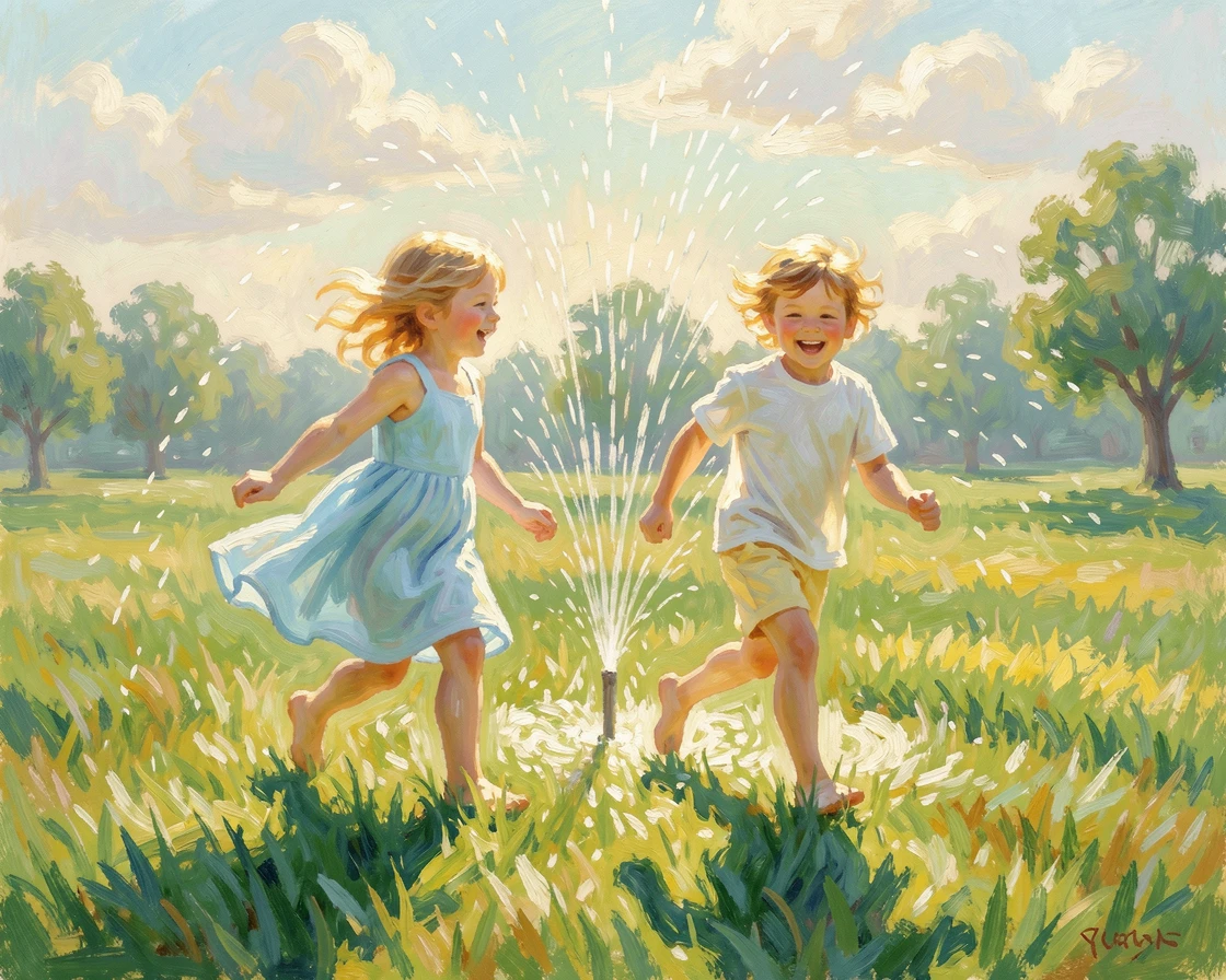 Children running through a sunlit sprinkler on a summer afternoon, laughter echoing across a green lawn.