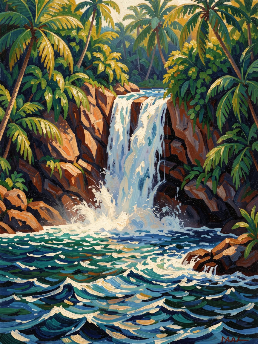 A secluded cove where a waterfall drops directly into the sea, framed by dense tropical foliage.