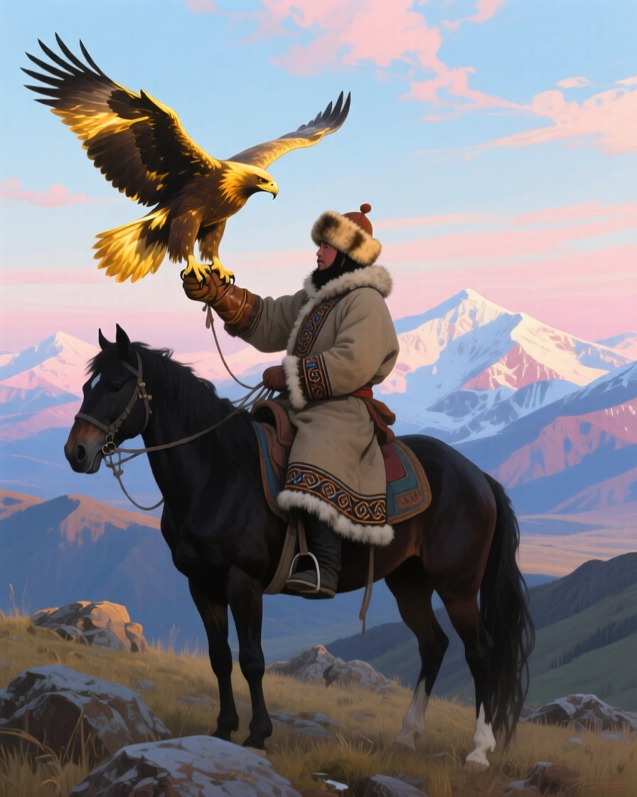A vast panorama of the Altai Mountains shows a golden eagle hunter on horseback silhouetted against distant snow peaks, his bird perched proudly on his outstretched arm under a wide Mongolian sky.