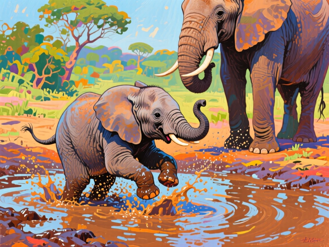 A baby elephant splashing joyfully in a muddy watering hole while its mother watches nearby