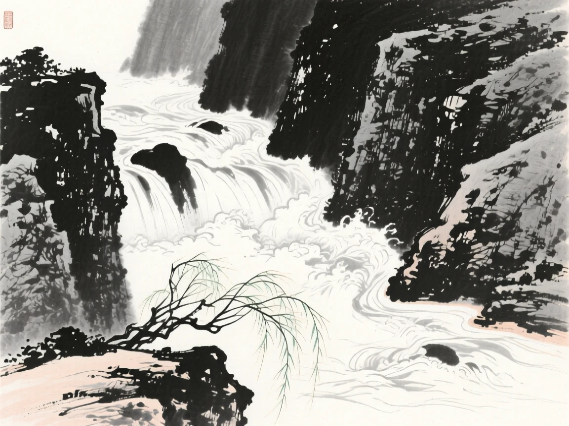 a rushing torrent cutting through a rocky canyon, with willow branches trailing into the water.