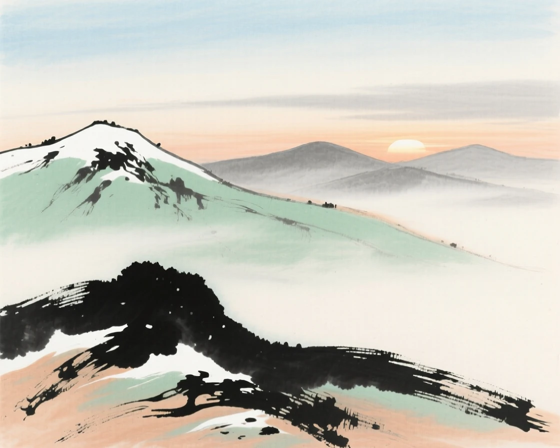 The last light of day fading behind a row of distant hills, suffused with quiet joy, under the first snow of winter, through a light drifting mist.