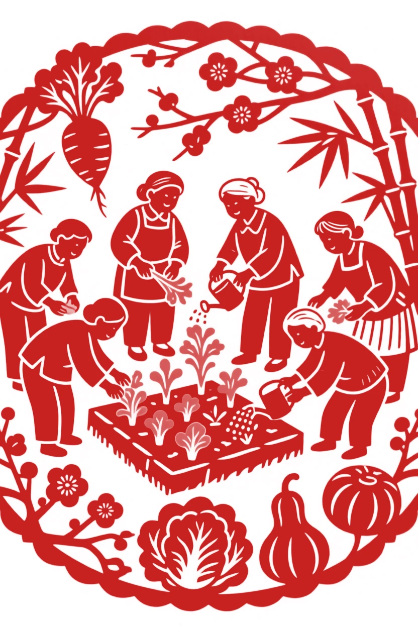 A group of neighbors, tending a small vegetable garden together, in radiating warmth and everyday tenderness.