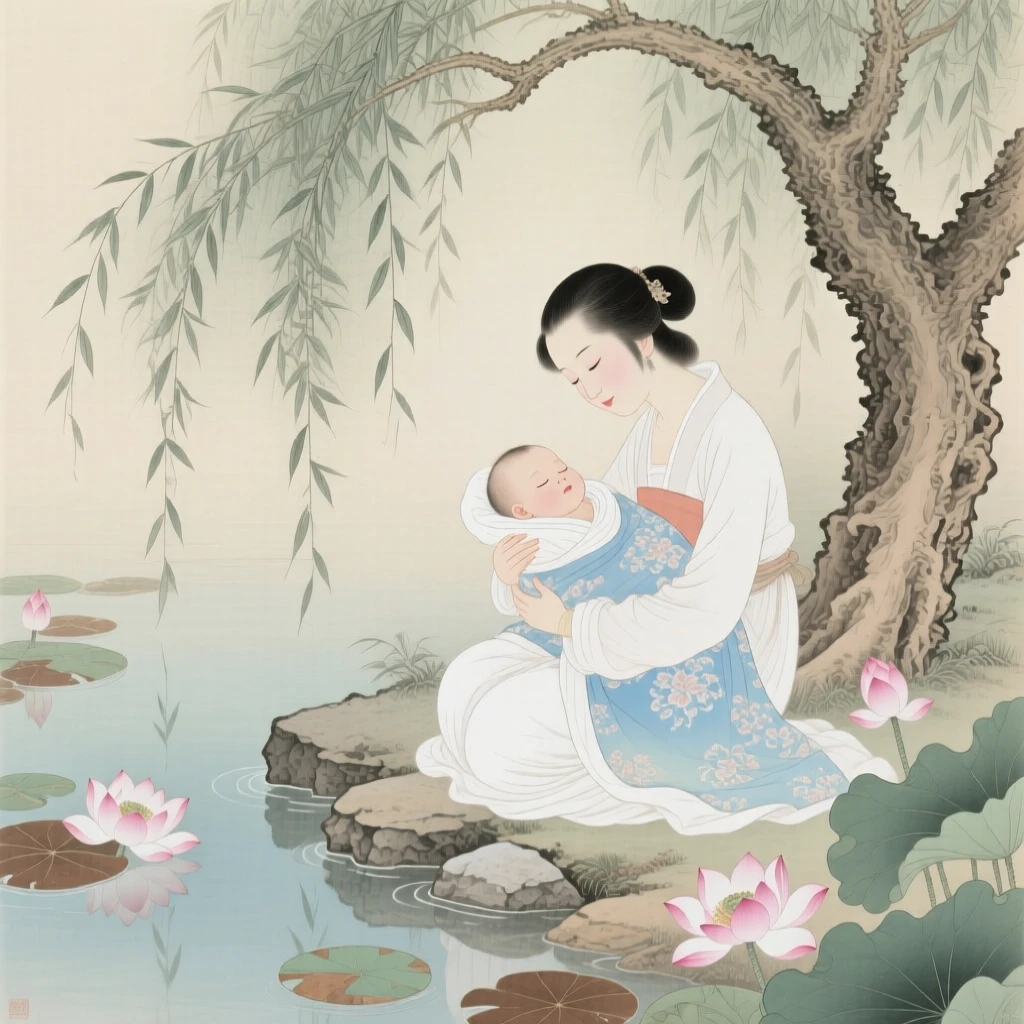 A young mother humming a lullaby while rocking her baby beneath a willow tree, beside a quiet garden pond