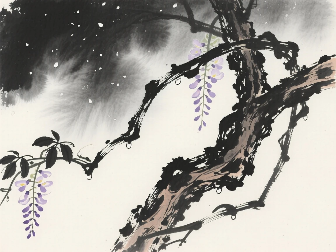 A twisted old wisteria vine beneath a light dusting of morning dew, set against a soft gradient of misty background, conveying gentle stillness and natural harmony.