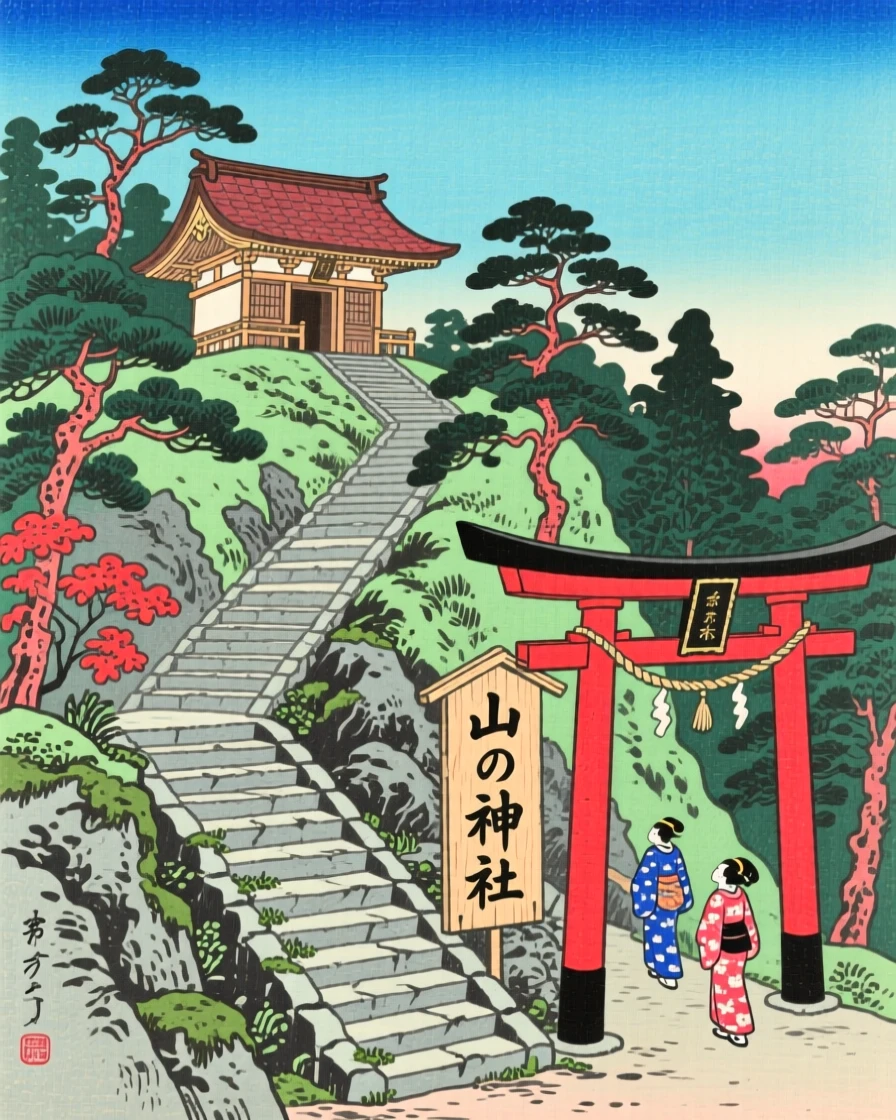 A narrow mountain pass, with a winding stone staircase to a hilltop shrine, under a brilliant blue midday sky.