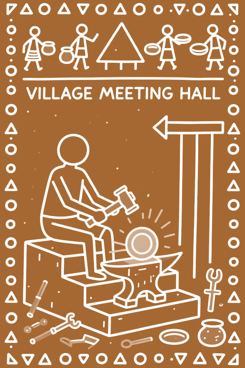 A village blacksmith preparing for a community feast on the steps of a village meeting hall.