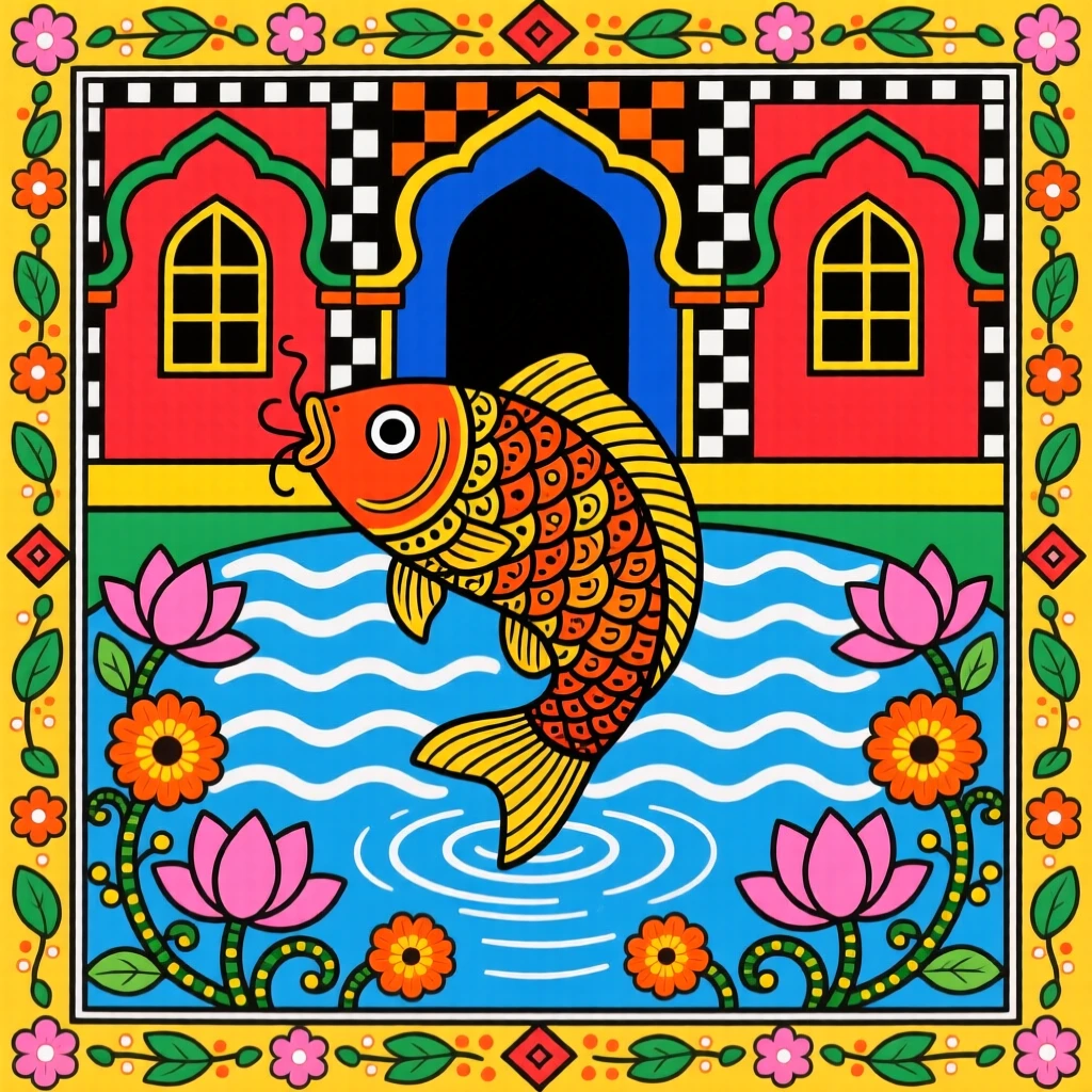 A single carp leaping above the surface of a temple pond.