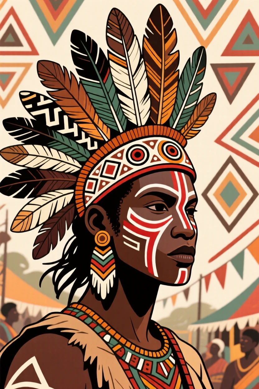 An ornate feathered headdress displayed proudly during a village festival.
