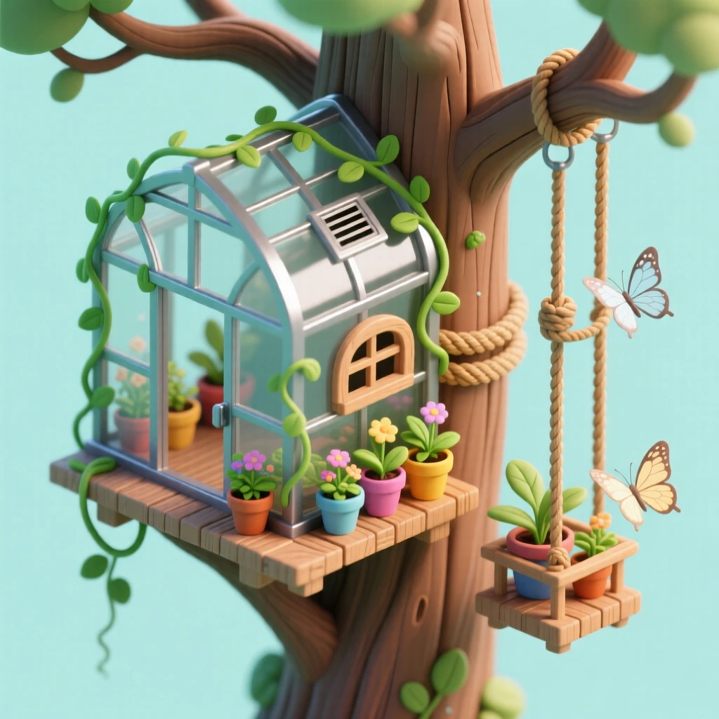 A treehouse greenhouse with glass panels built around the branches, vines growing through the structure, a rope elevator carrying potted plants, and butterflies drifting through open vents.