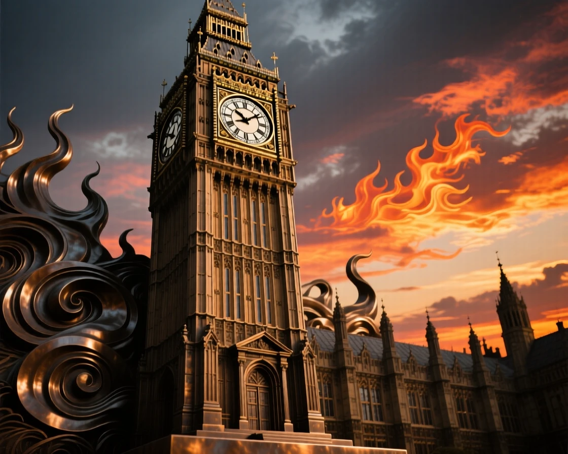 A majestic clocktower silhouetted against a fiery sunset sky, framed by a dramatic sky, exuding timeless grandeur