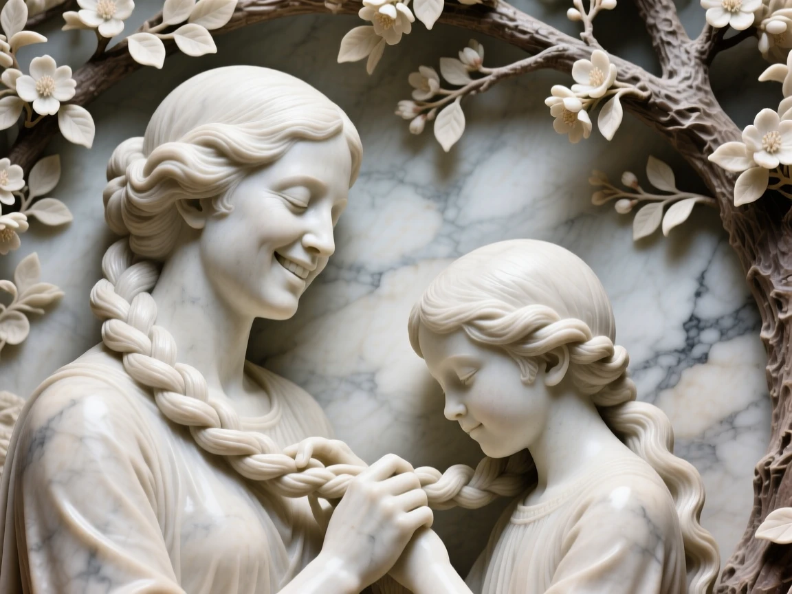 A close-up portrait of a mother braiding her daughter's hair, caught mid-laugh with eyes closed, under a canopy of blossoming trees, radiating quiet emotion and dignity